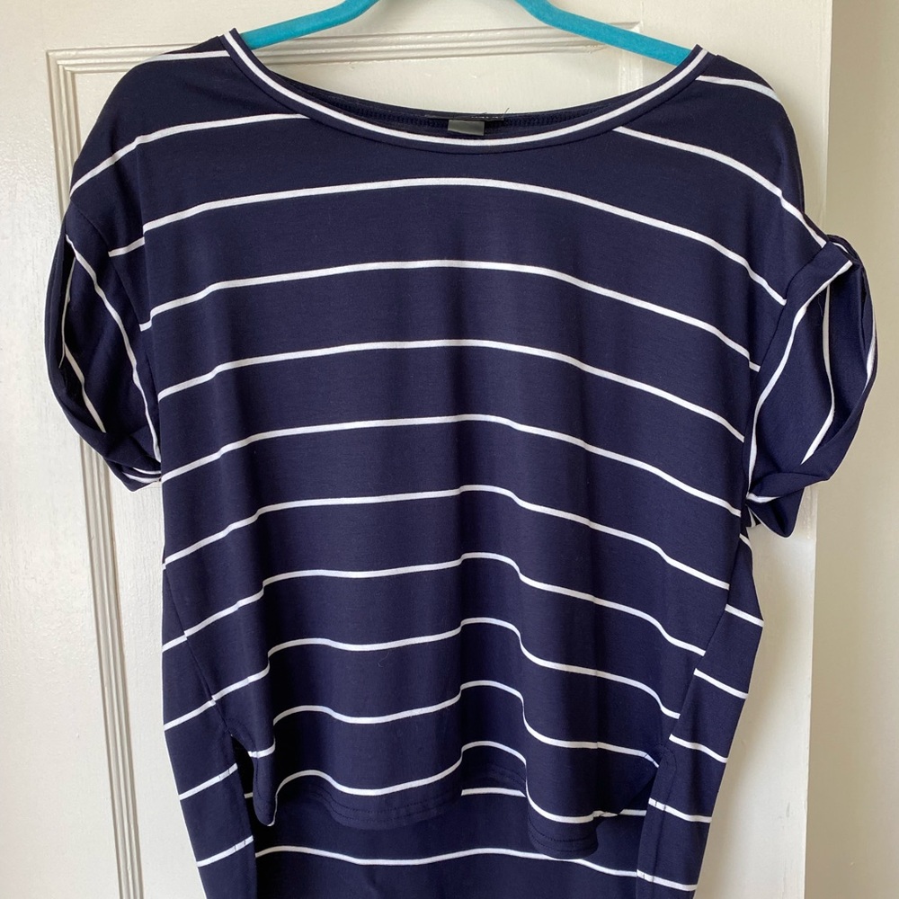 Navy blue and white striped blouse